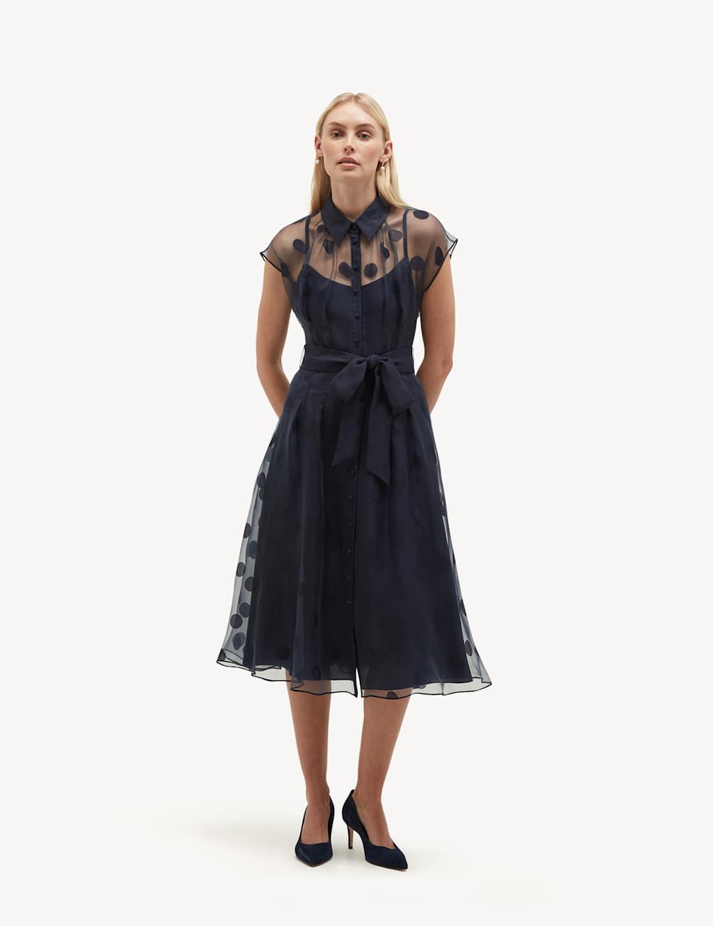 Hobbs Women's Sheer Polka Dot Knee Length Shirt Dress - 8 - Blue - Available at M&S