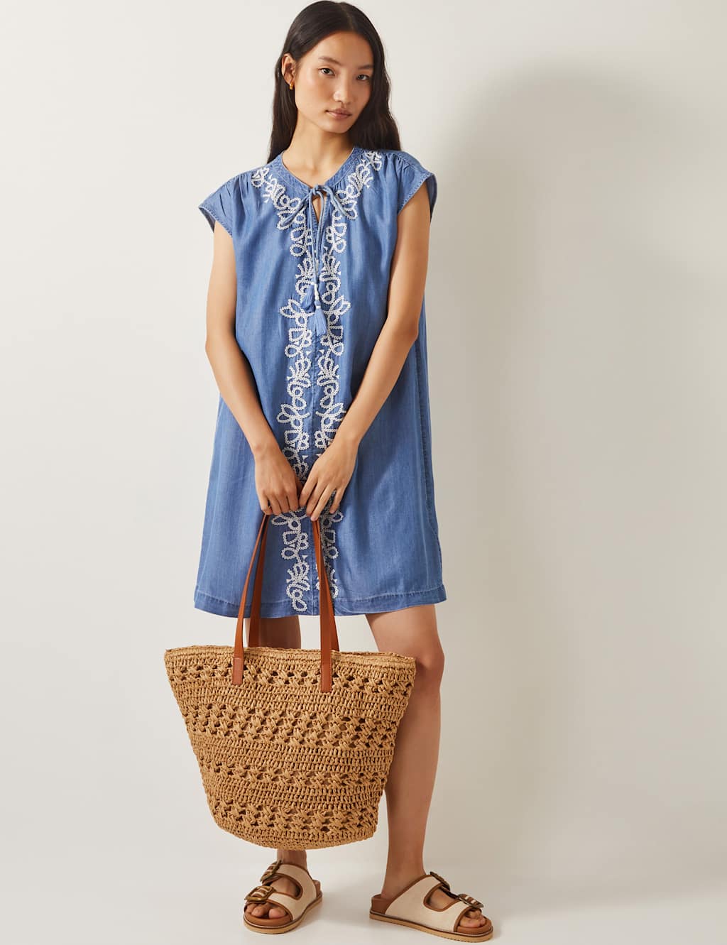 Pure Lyocell Embroidered Tie Neck Mini Dress