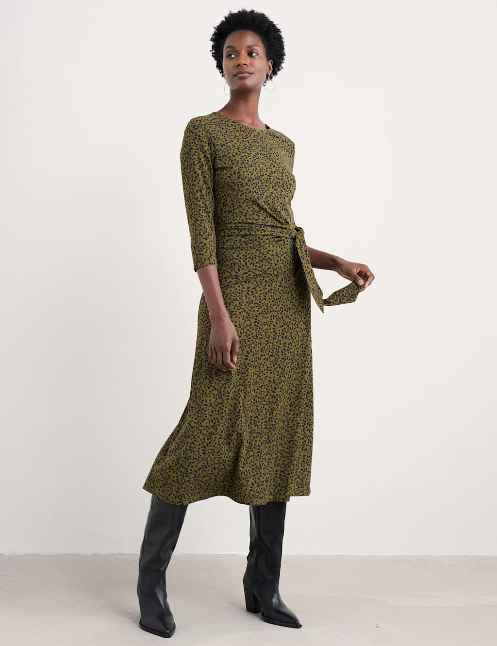 Seasalt Cornwall Cotton Rich 3/4 Sleeve Midi Waisted Dress Green Mix