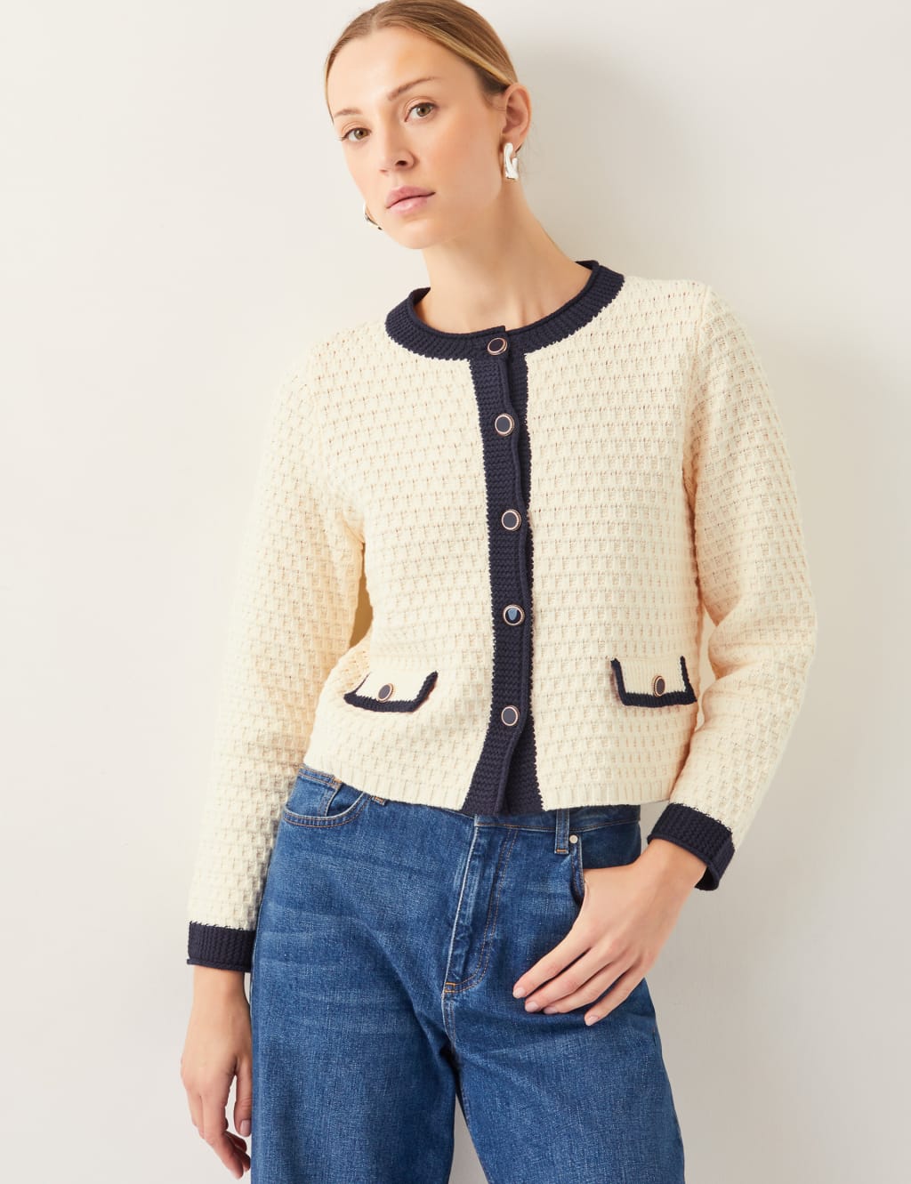 Cotton Rich Textured Collarless Knitted Jacket
