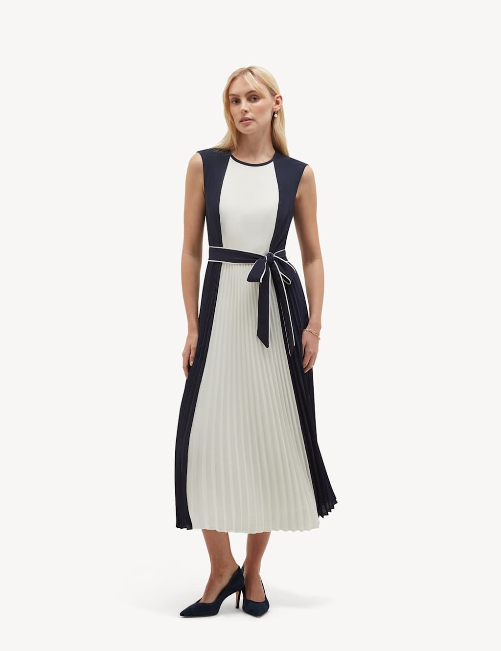 Hobbs Women's Colour Block Tie Waist Midi Skater Dress - 14 - Blue Mix - Available at M&S