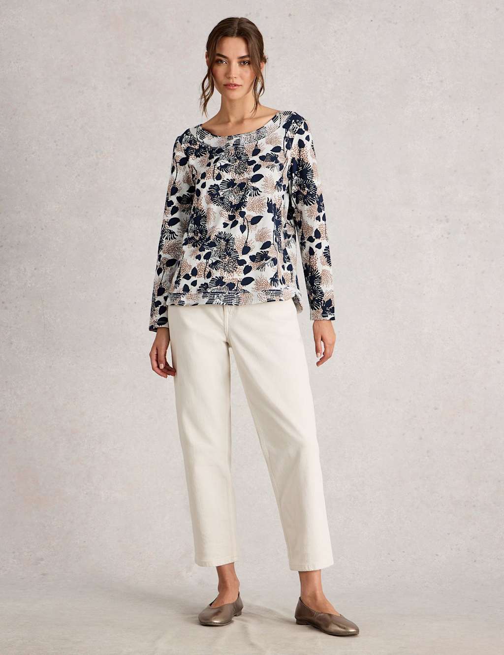 White Stuff Pure Cotton Printed Top Natural Mix