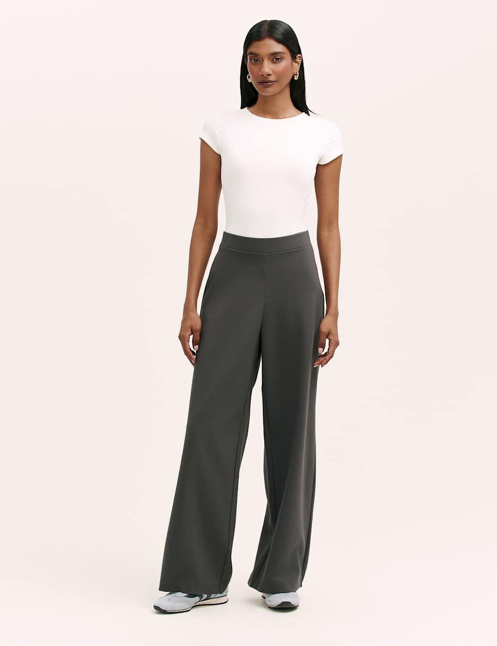 Finery London Jersey Elasticated Waist Wide Leg Trousers Grey