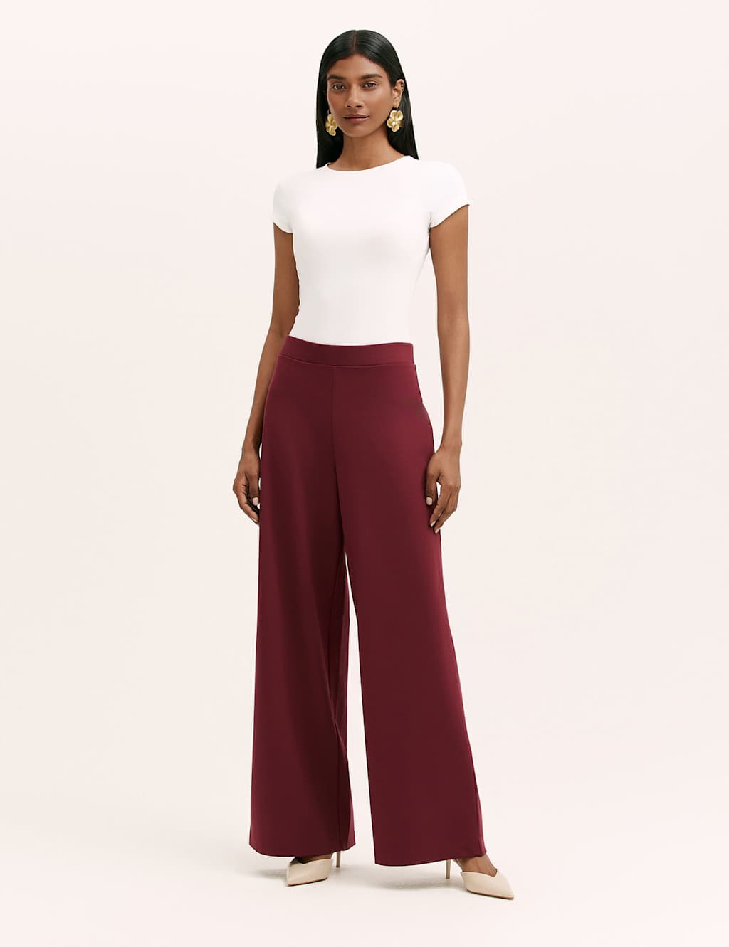 Finery London Jersey Elasticated Waist Wide Leg Trousers Burgundy