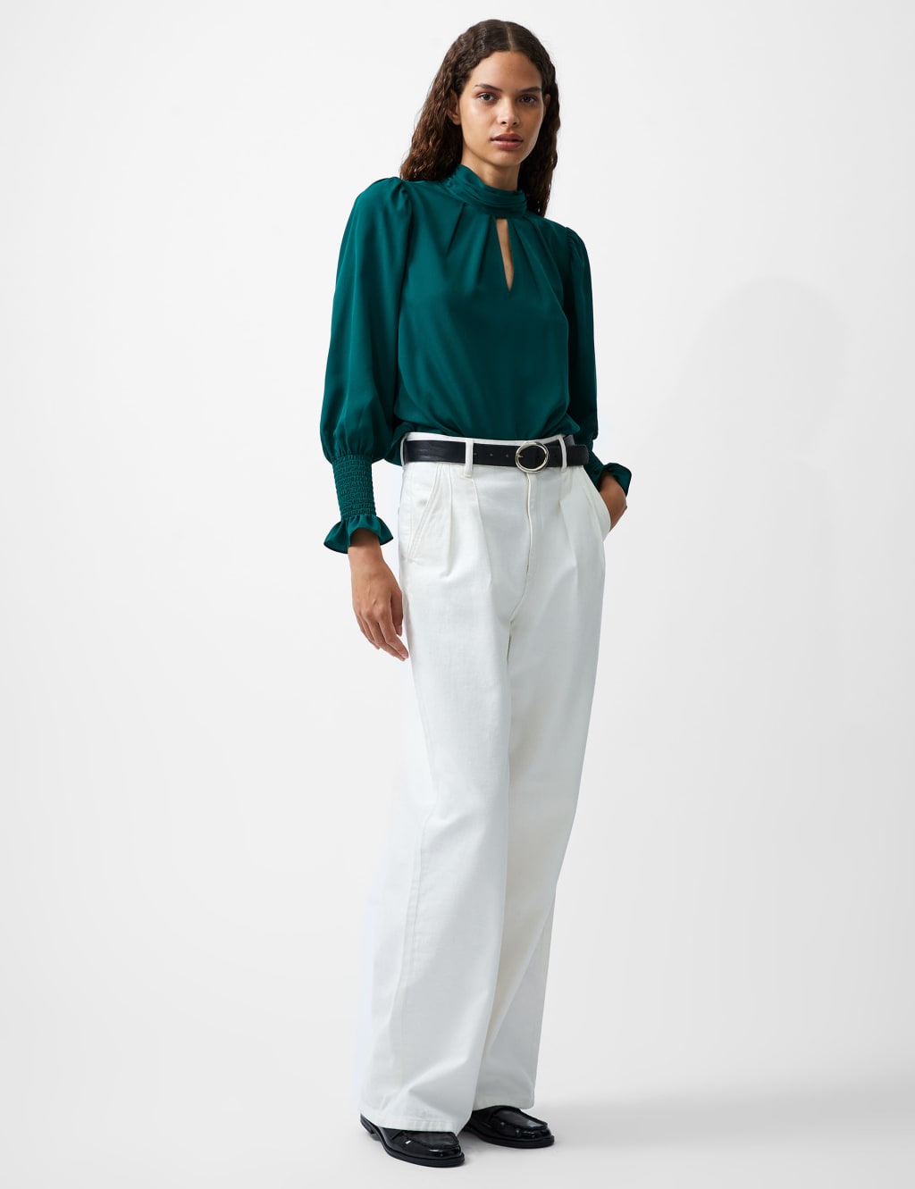 Crepe High Neck Shirred Detail Blouse