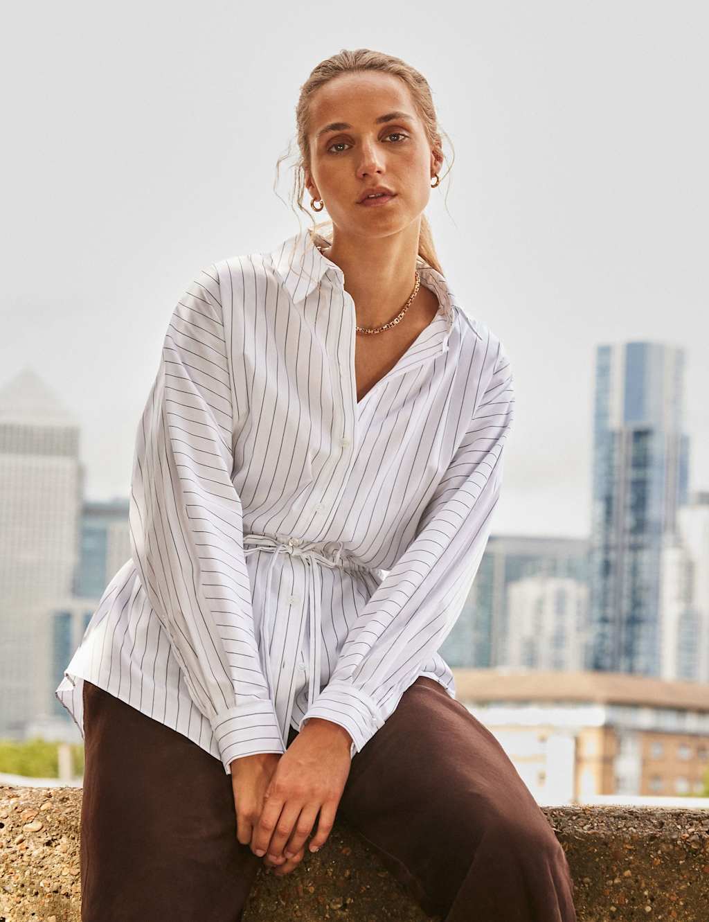 RO&ZO Cotton Rich Collared Tie Detail Shirt White Mix