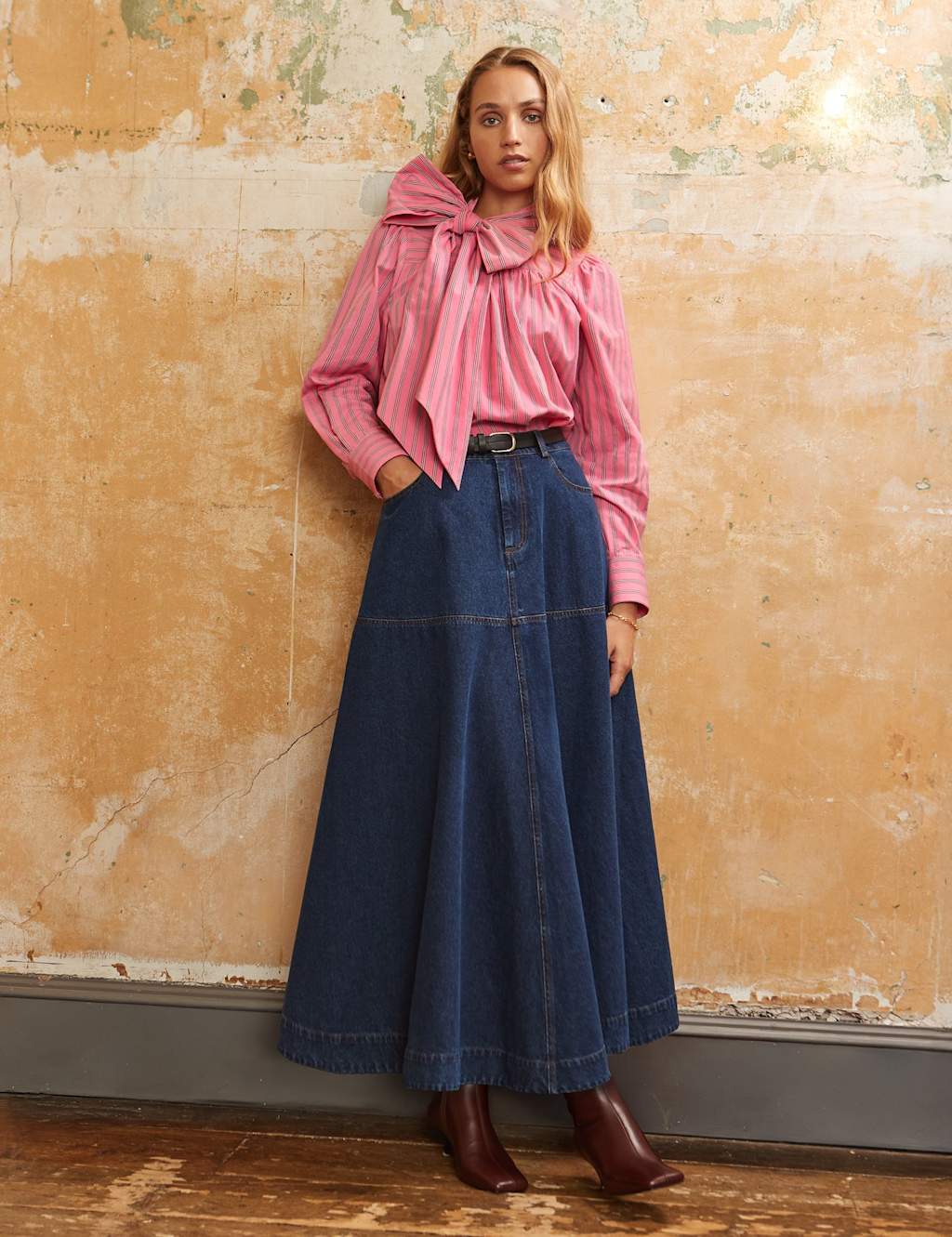 RO&ZO Pure Cotton Striped Tie Neck Blouse Pink Mix