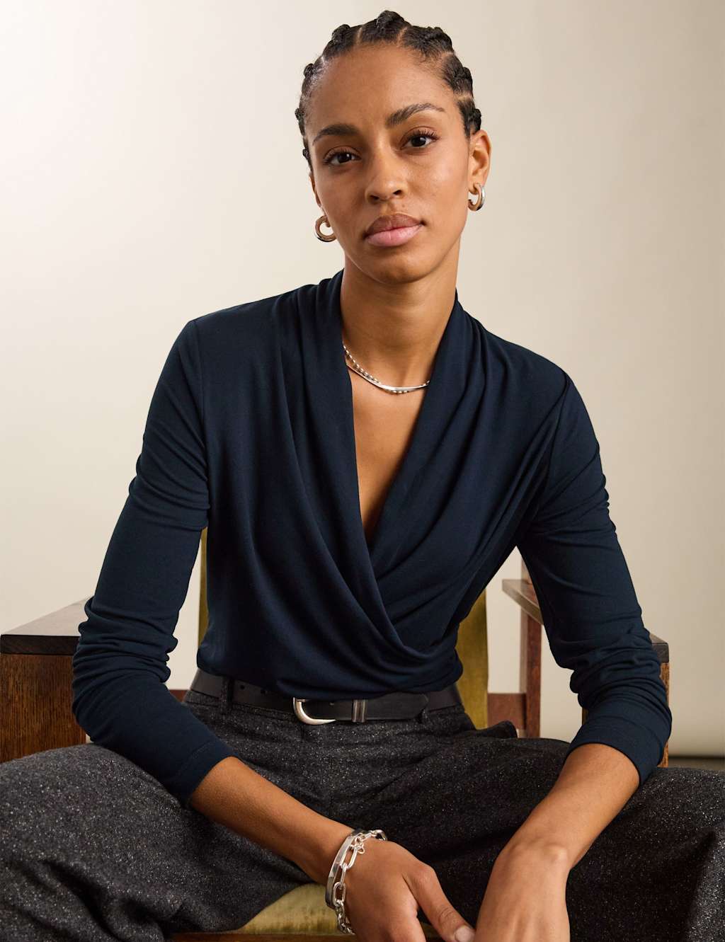 BAUKJEN Jersey V-Neck Wrap Top Navy