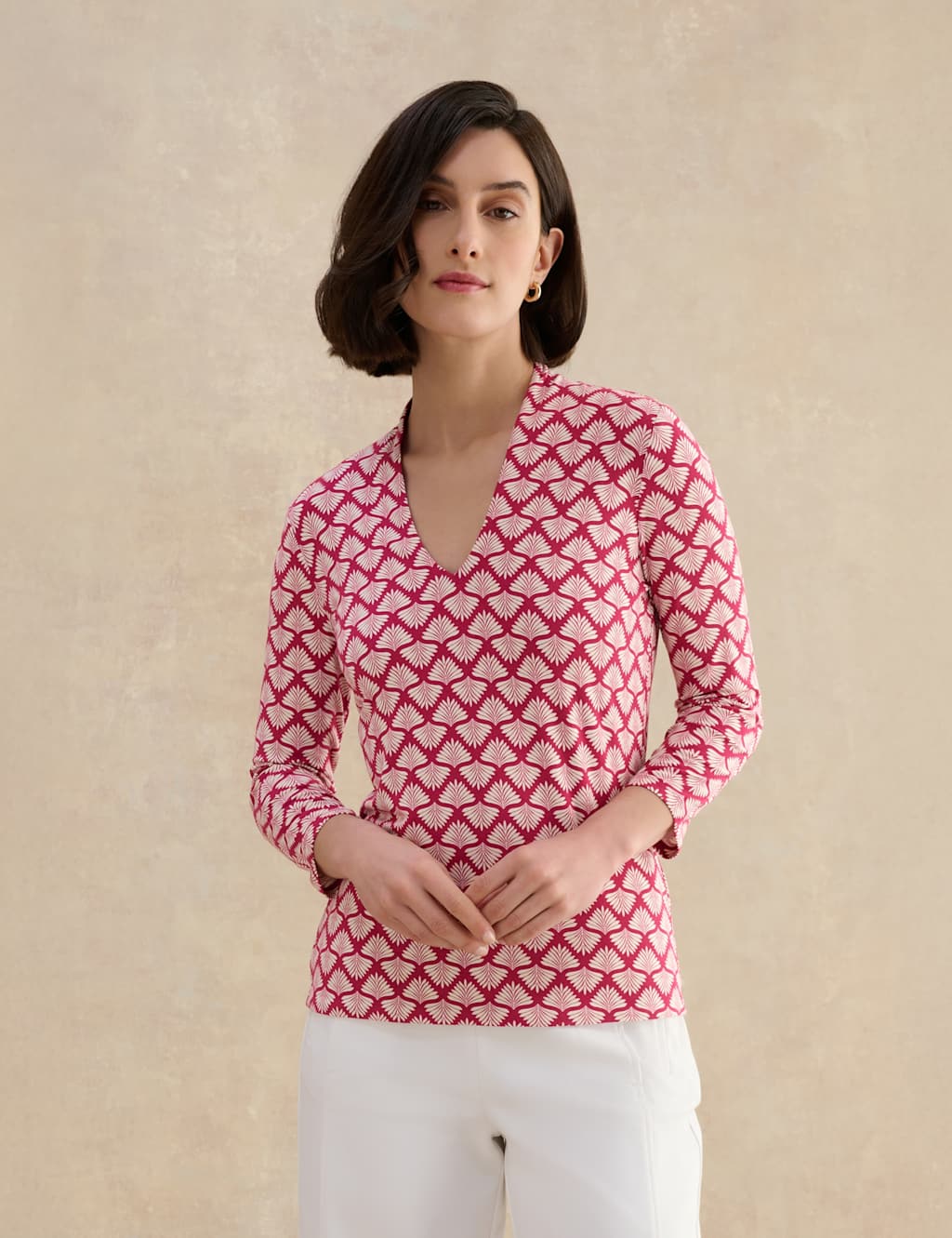 Hobbs Women's Jersey Printed V-Neck Top - Large - Pink Mix - Available at M&S