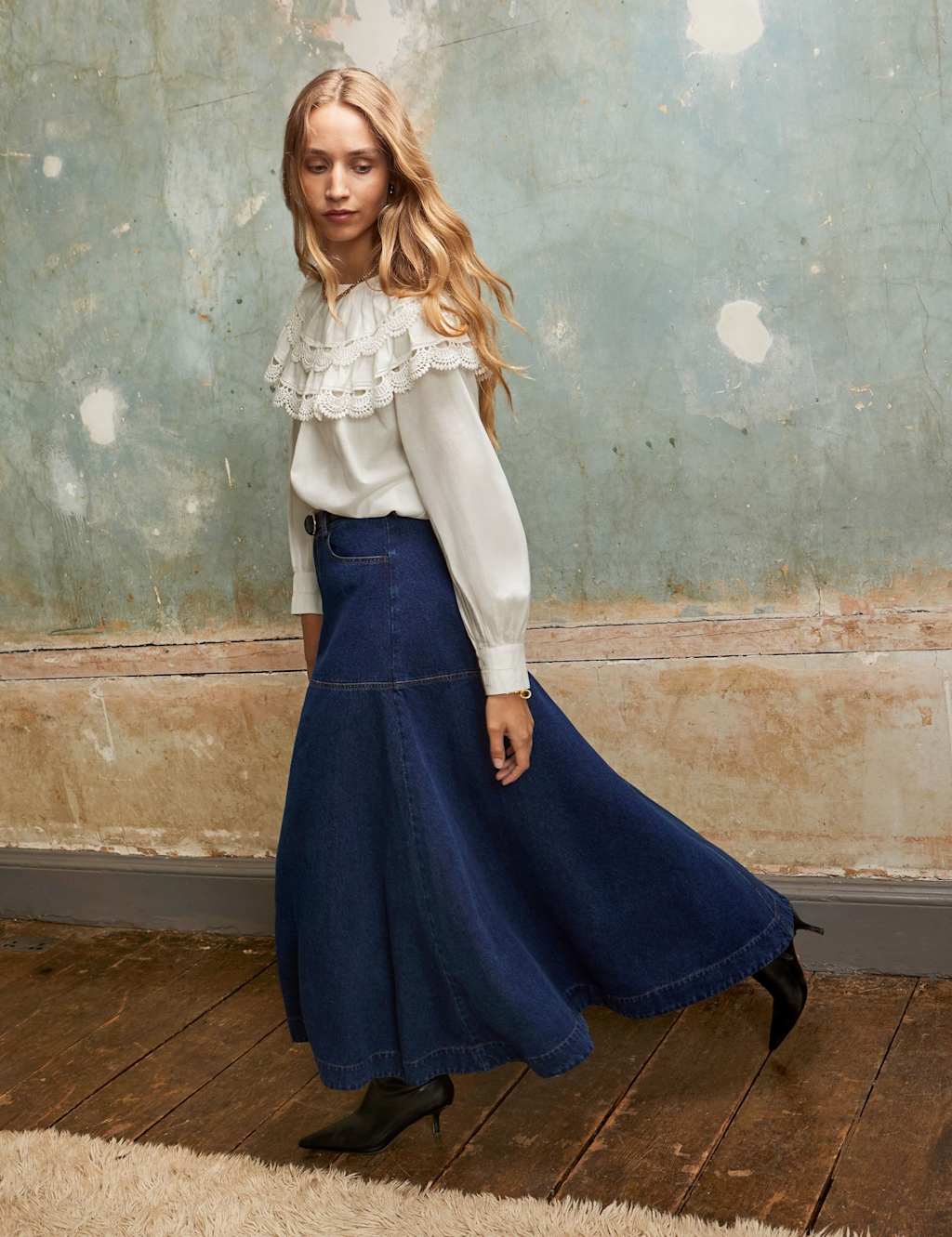 RO&ZO Pure Cotton Denim Midaxi Skirt Blue Denim