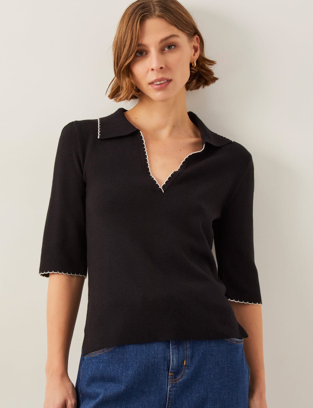 Collared V-Neck Contrast Trim Jumper