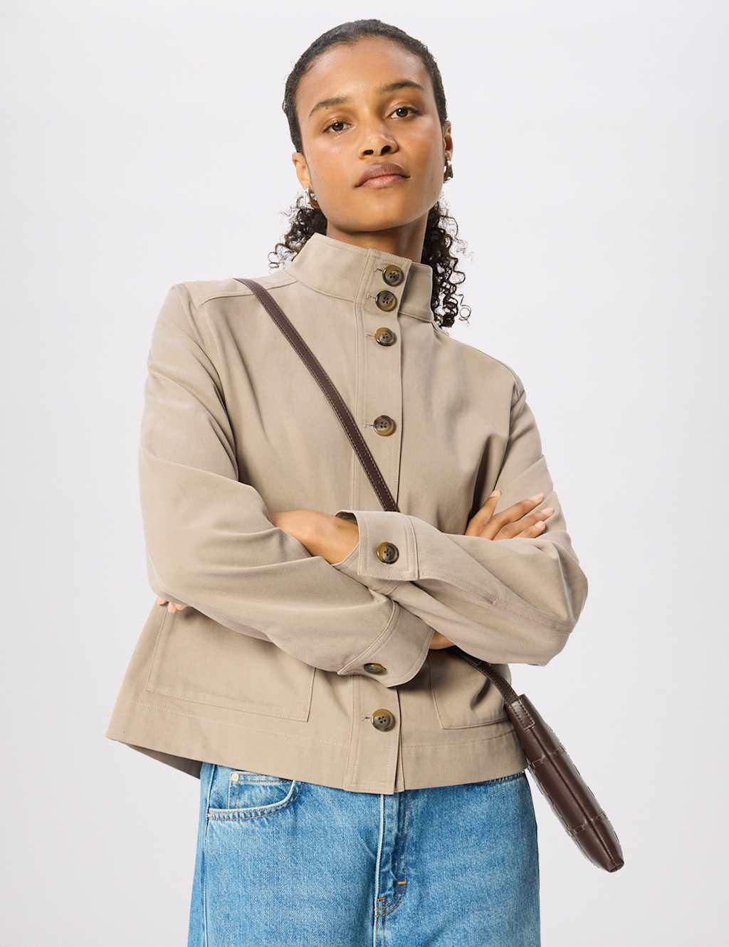Whistles Women's Cotton Rich Funnel Neck Short Jacket - 10 - Taupe - Available at M&S