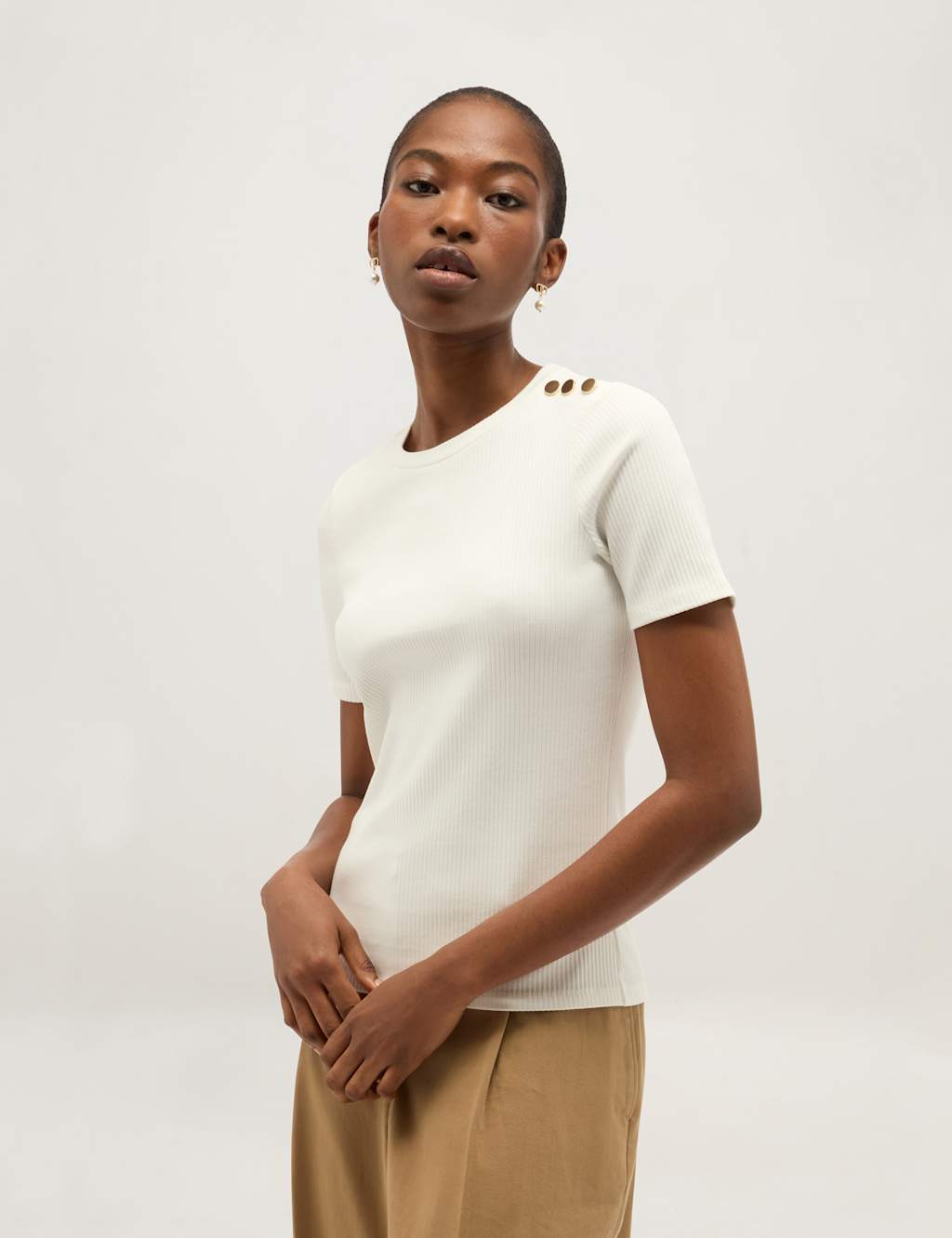Hobbs Women's Cotton Rich Ribbed Button Detail T-Shirt - Medium - Cream - Available at M&S