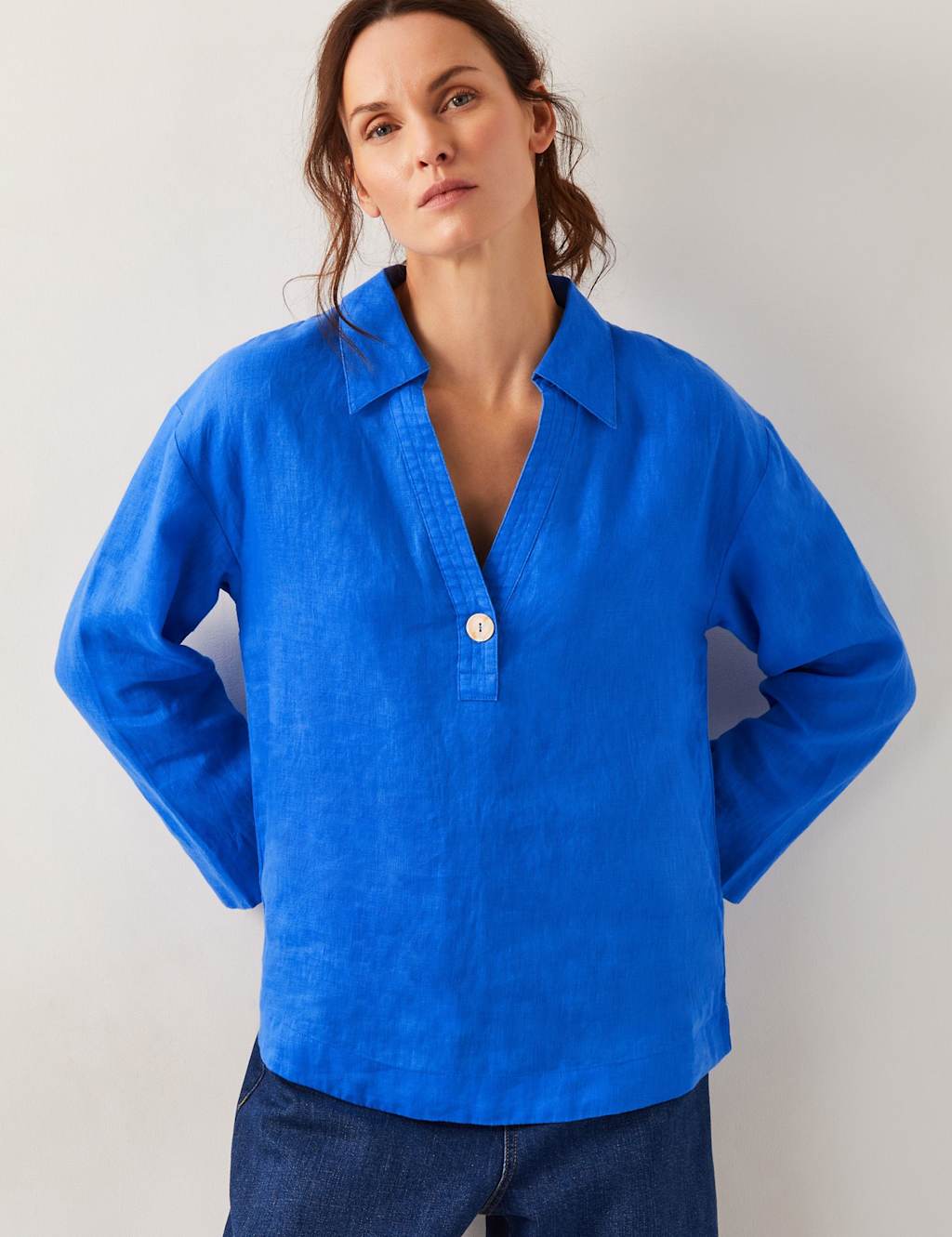 Pure Linen Collared V-Neck Popover Blouse