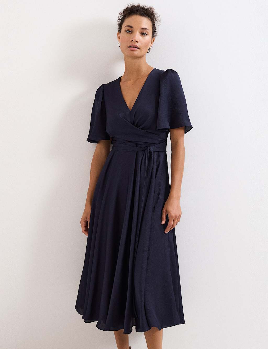 Phase Eight V-Neck Angel Sleeve Midi Wrap Dress Navy