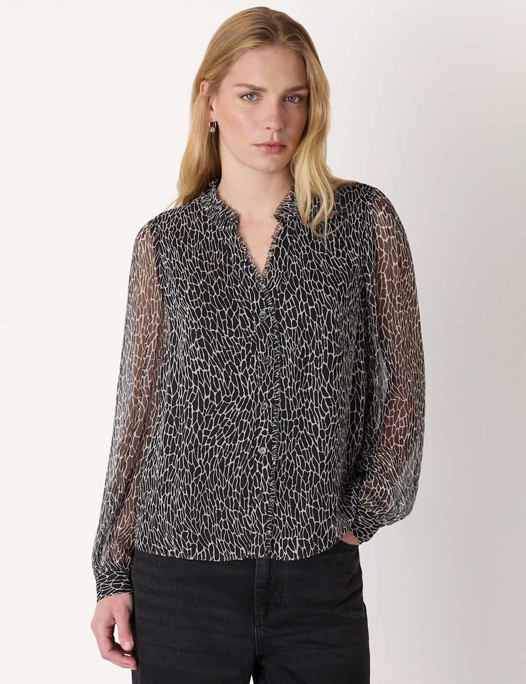 Whistles Women's Animal Print Frill Detail Blouse - 8 - Black Mix - Available at M&S
