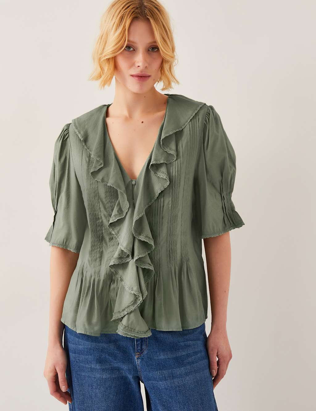 V-Neck Frill Detail Pintuck Blouse