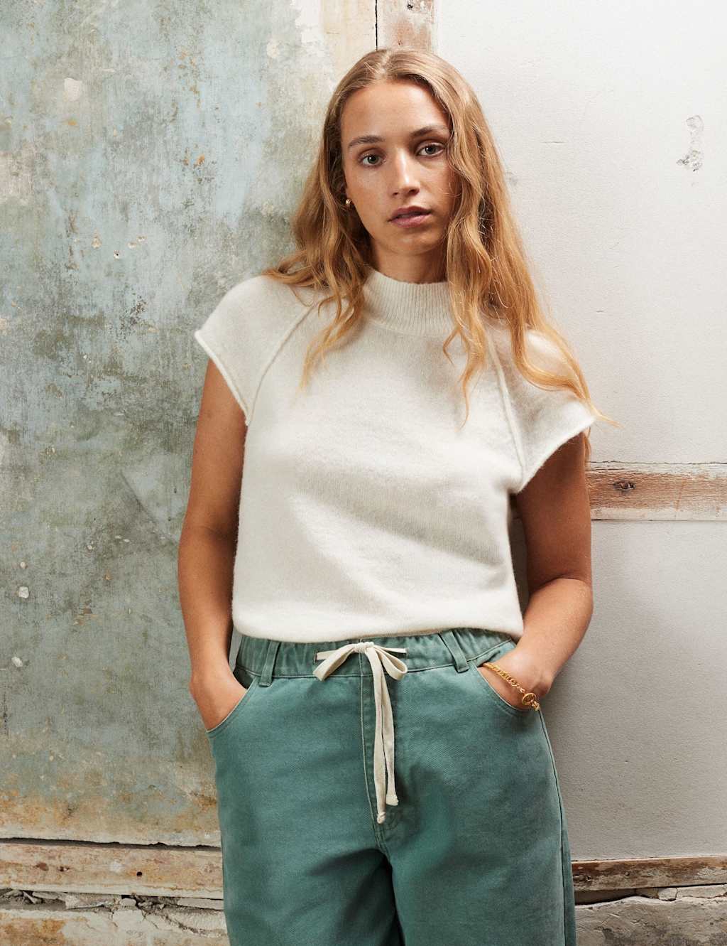 RO&ZO Alpaca Blend High Neck Knitted Top Ivory