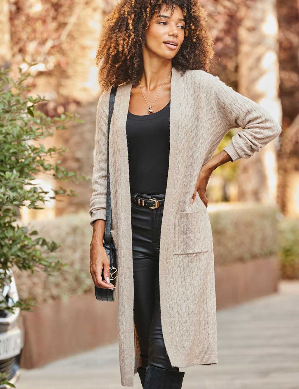 SOSANDAR Cable Knit Blouson Sleeve Longline Cardigan Camel