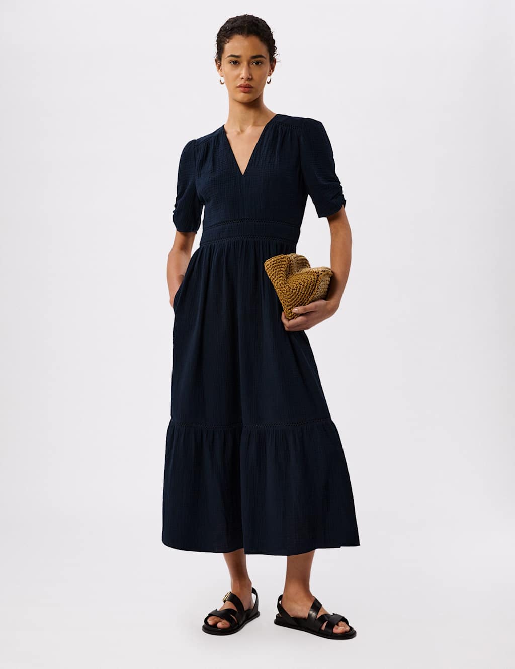 Whistles Women's Pure Cotton Textured V-Neck Midi Relaxed Dress - 6 - Navy - Available at M&S