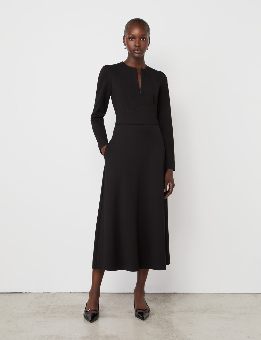 Ponte Jersey Zip Neck Midi Waisted Dress