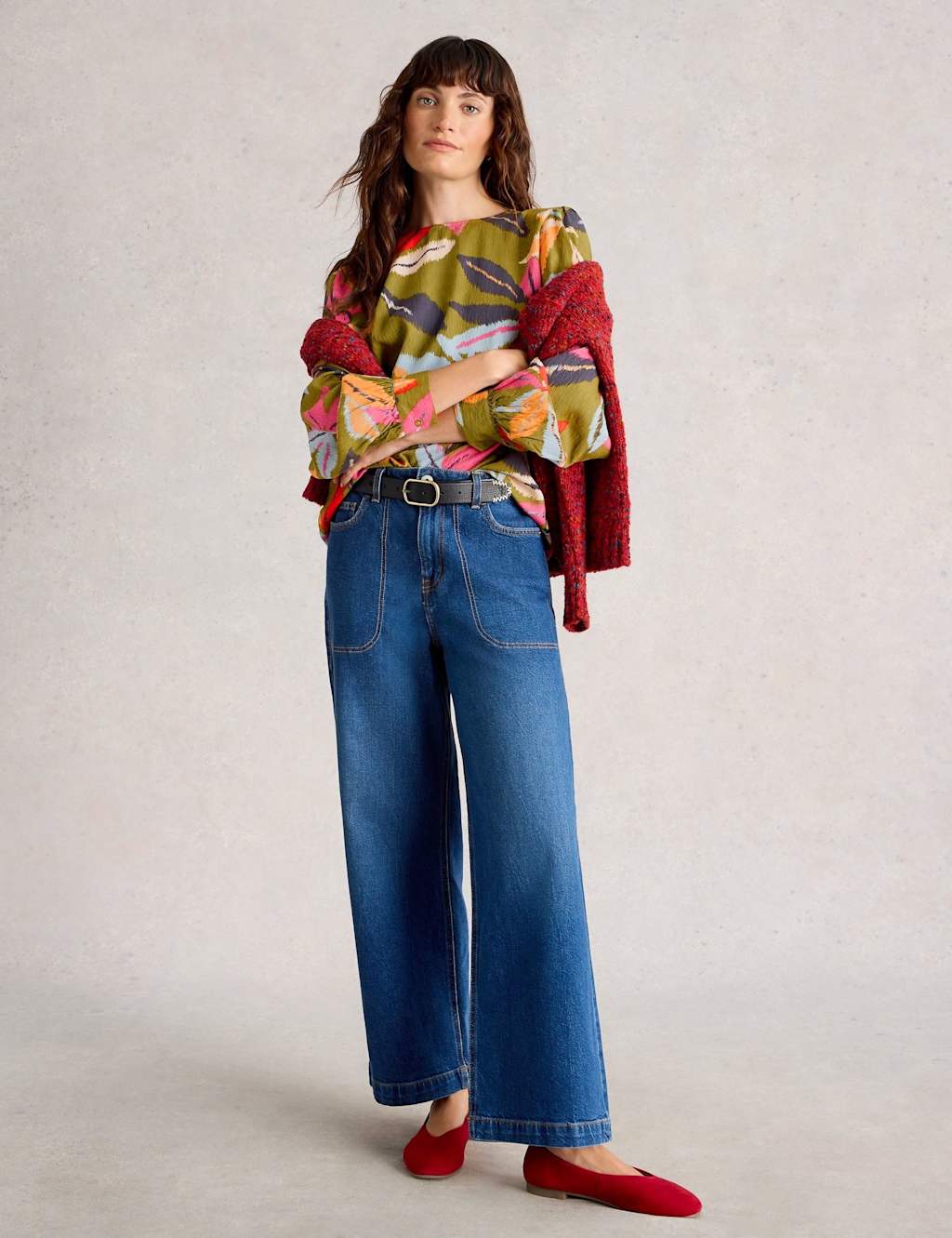 White Stuff Printed Textured Blouson Sleeve Blouse Green Mix