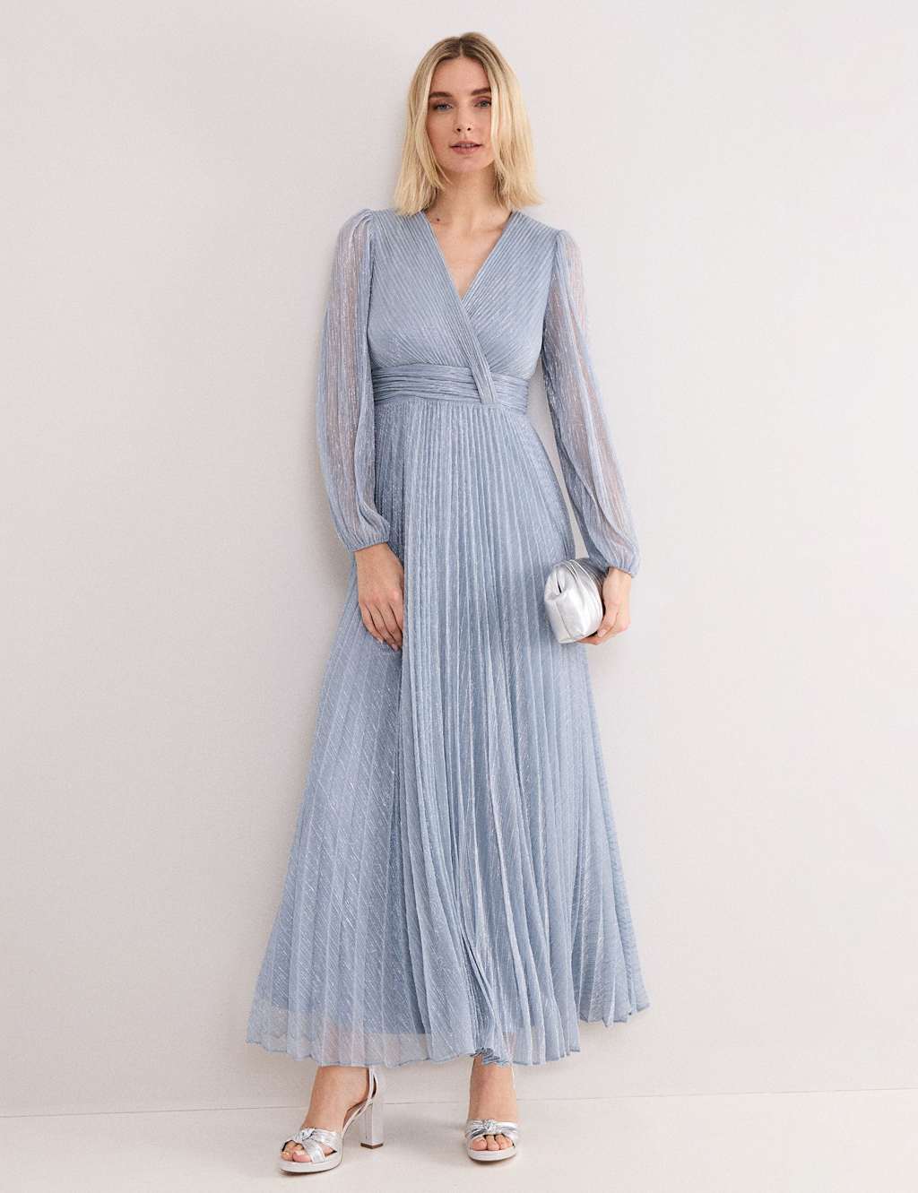 Phase Eight Women's Textured V-Neck Midi Waisted Dress - 10 - Pale Blue - Available at M&S