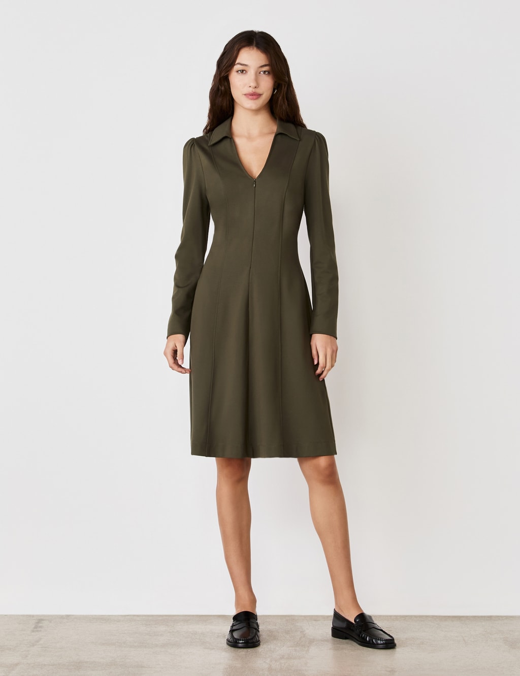 Ponte Jersey Collared Zip Front Knee Length Dress