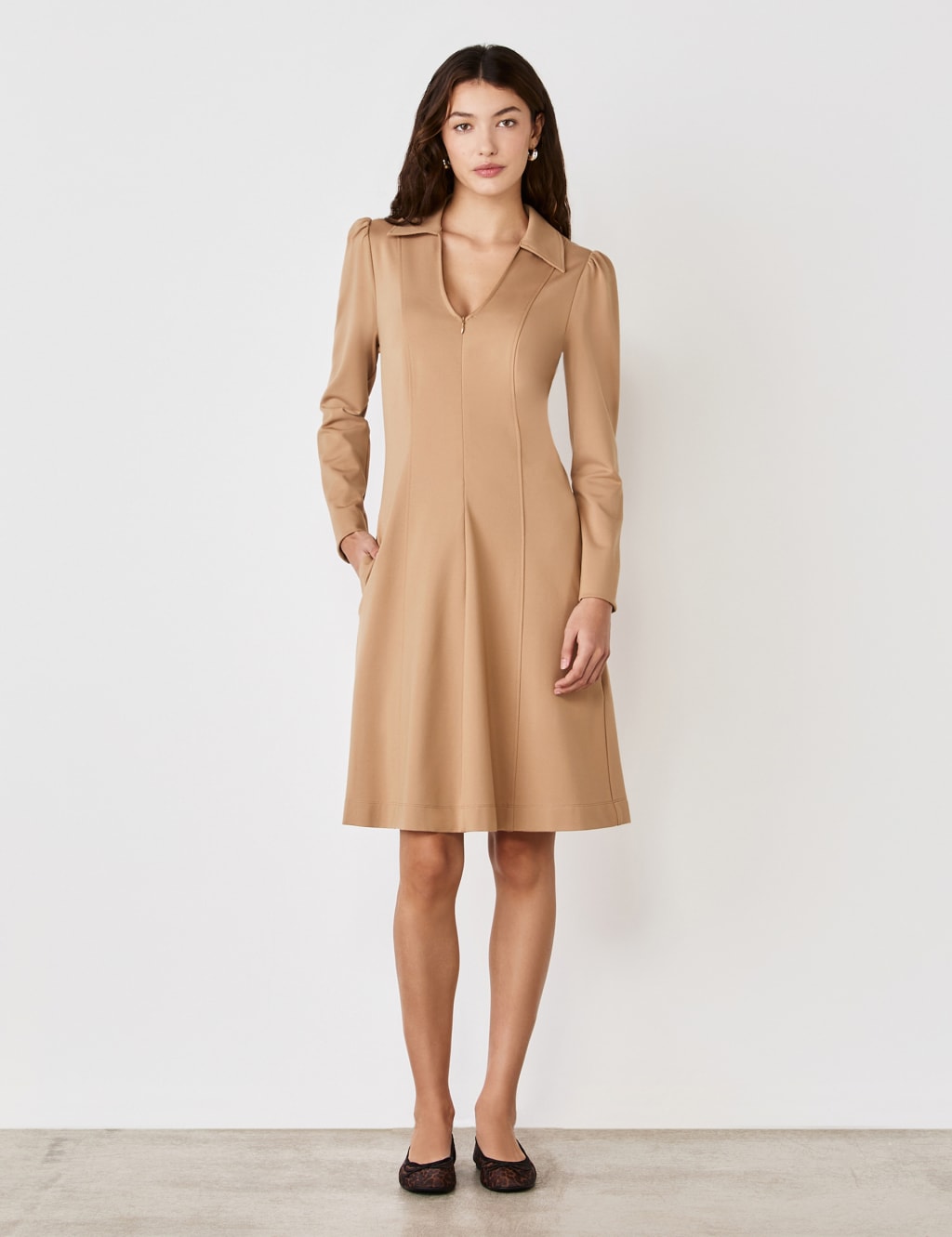 Ponte Jersey Collared Zip Front Knee Length Dress
