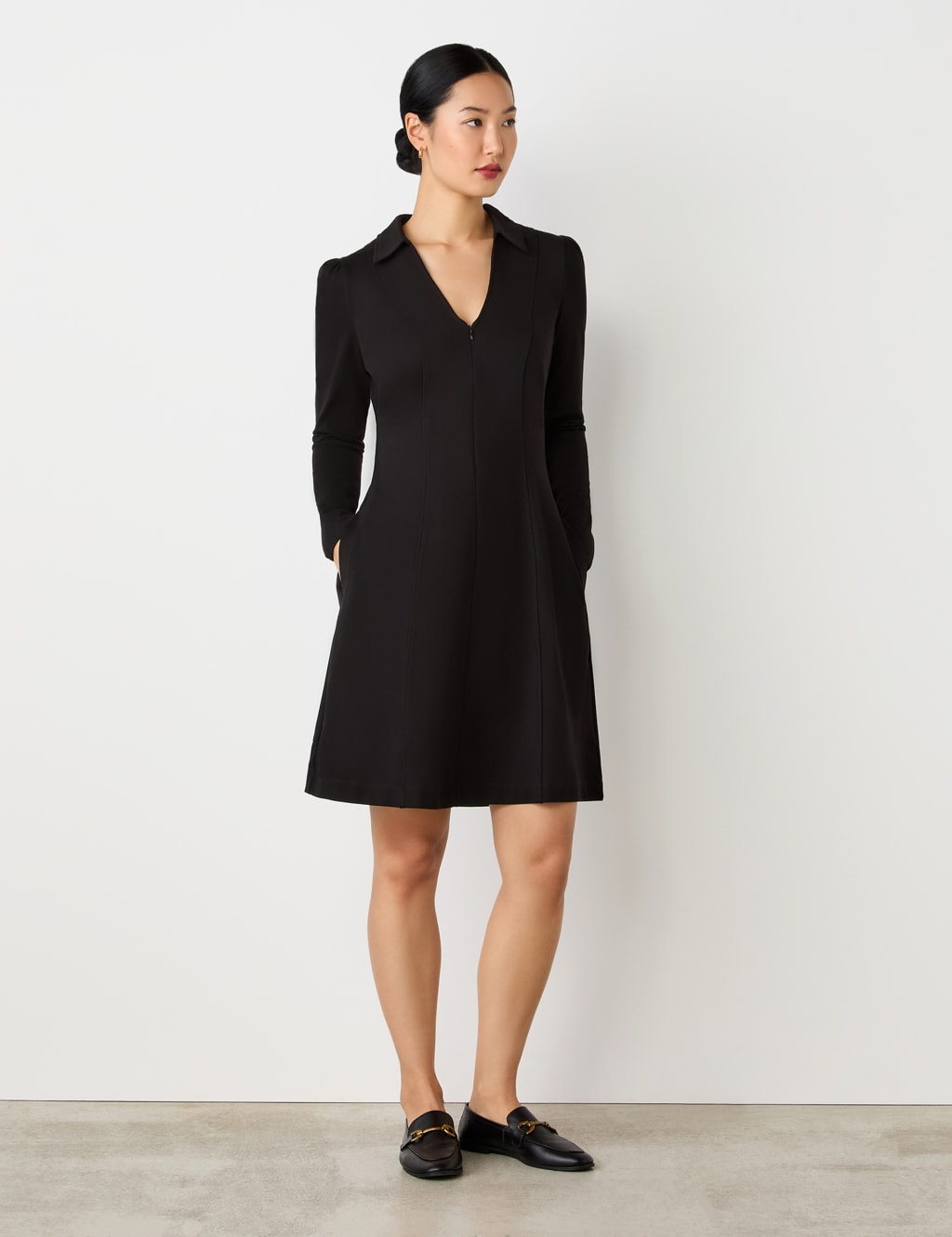 Ponte Jersey Collared Zip Front Knee Length Dress