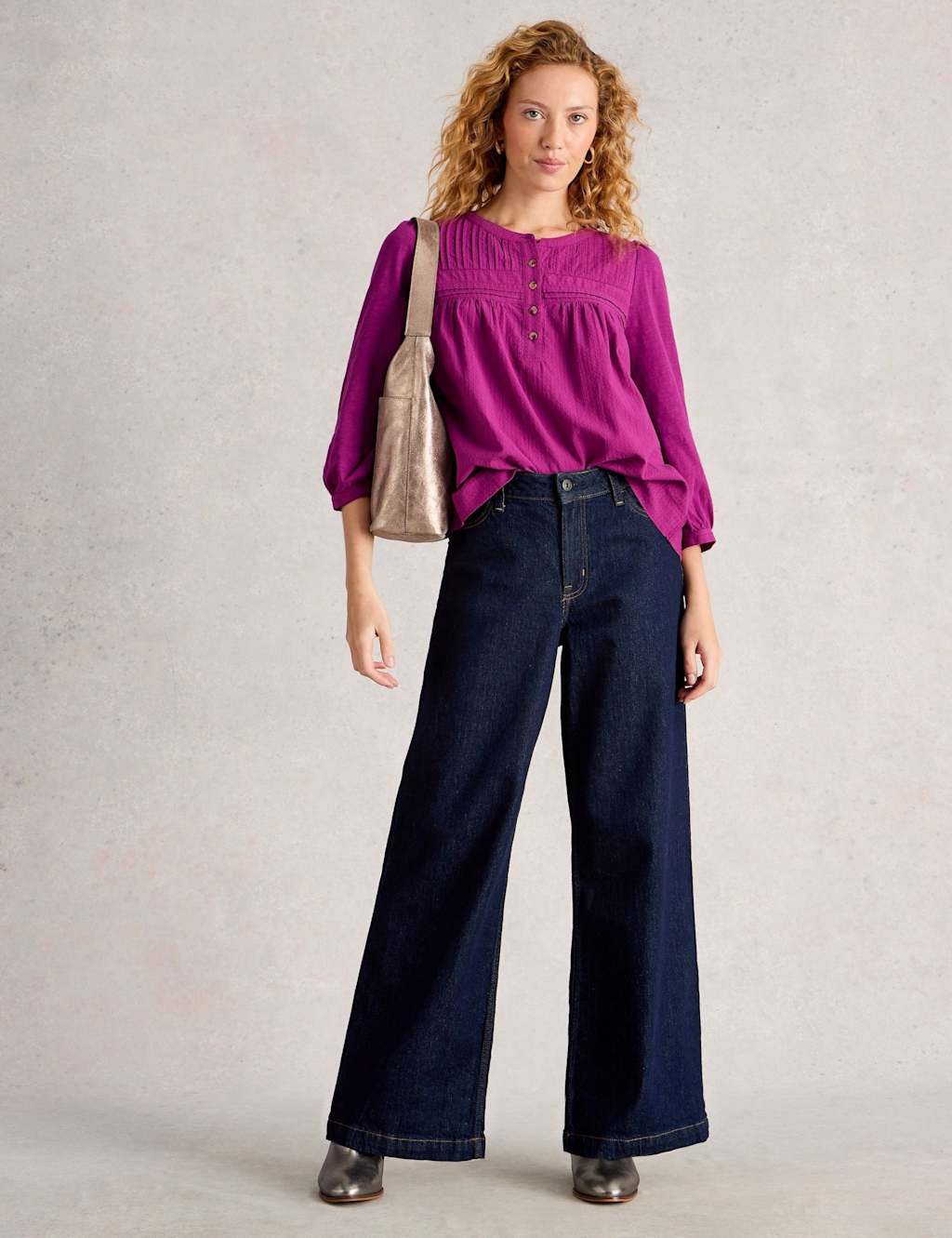 White Stuff Pure Cotton Pintuck 3/4 Sleeve Blouse Purple