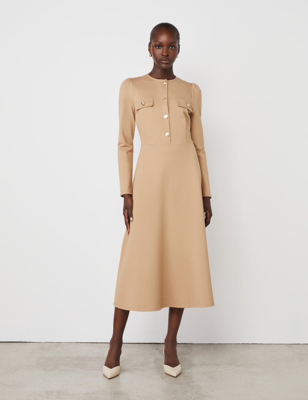 Ponte Jersey Button Front Midi Dress