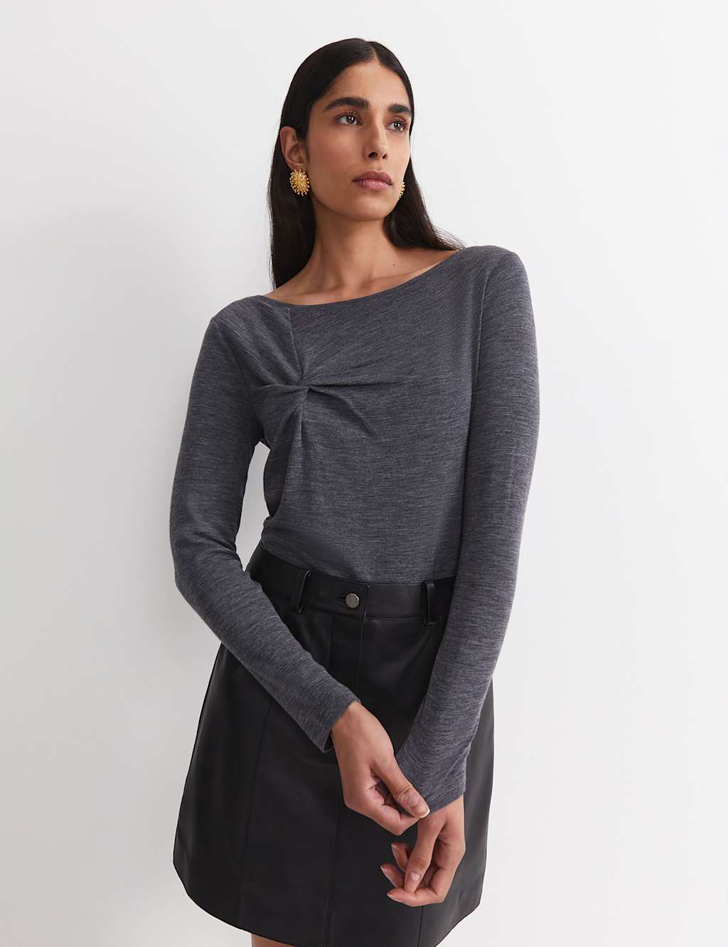 Sportscraft Women's Pure Merino Wool Slash Neck Twist Detail Top - Small - Charcoal Mix - Available at M&S