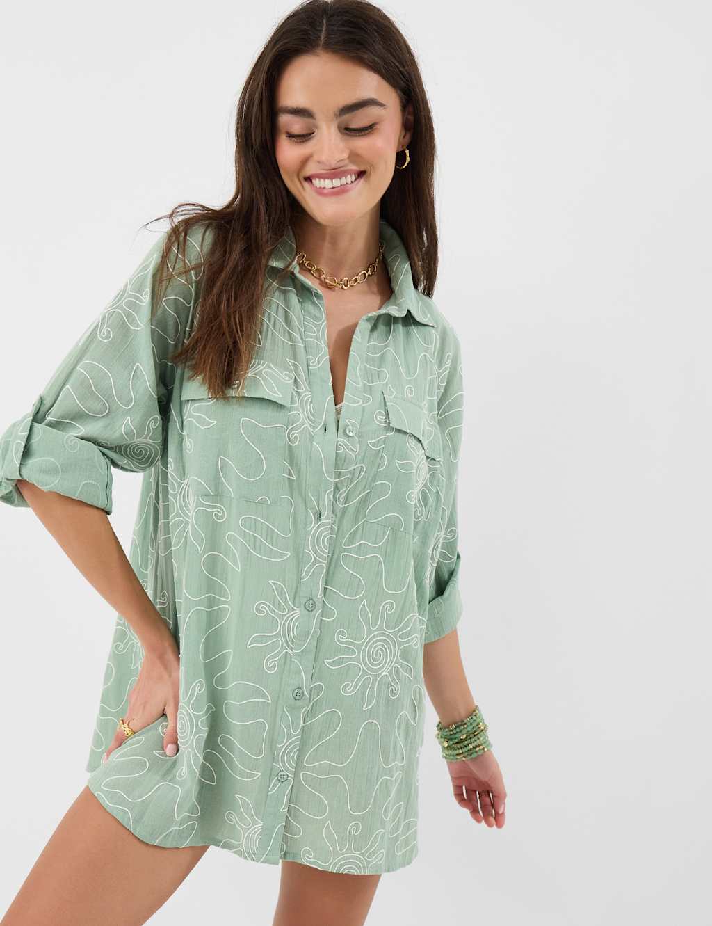 Accessorize Women's Pure Cotton Embroidered Beach Shirt - Small - Green - Available at M&S