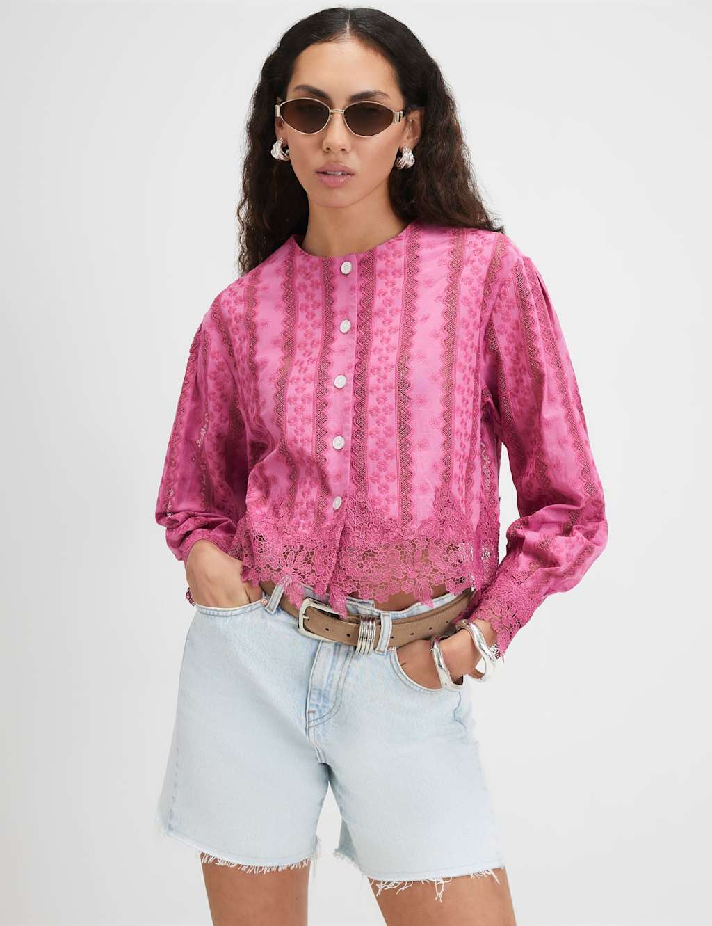 River Island Women's Cotton Blend Lace Trim Button Through Blouse - 14 - Pink - Available at M&S
