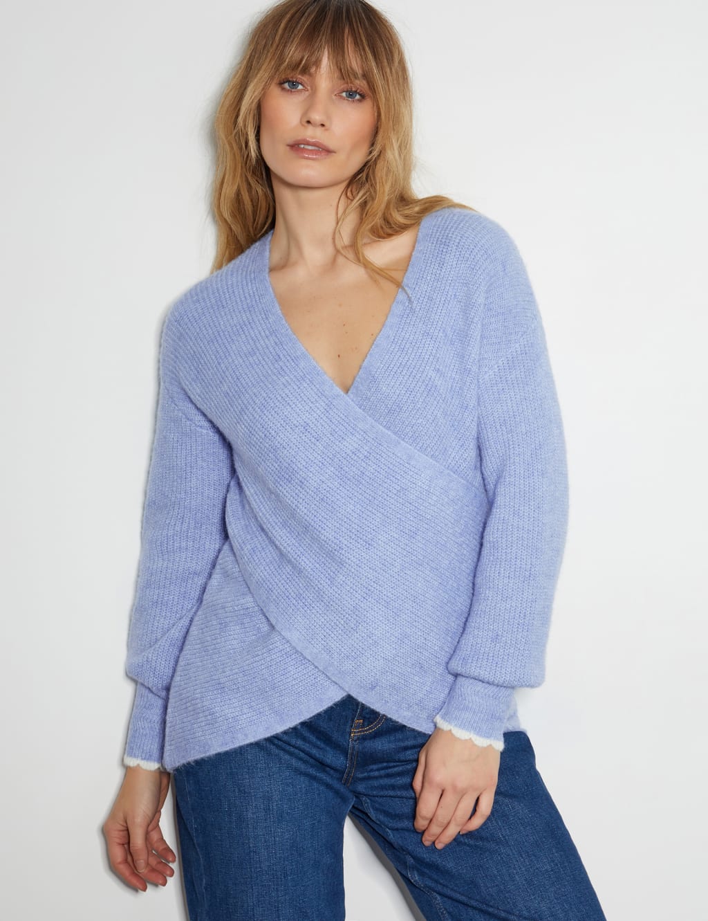 Monsoon Women's Textured V-Neck Mock Wrap Jumper - S - Pale Blue, Pale Blue