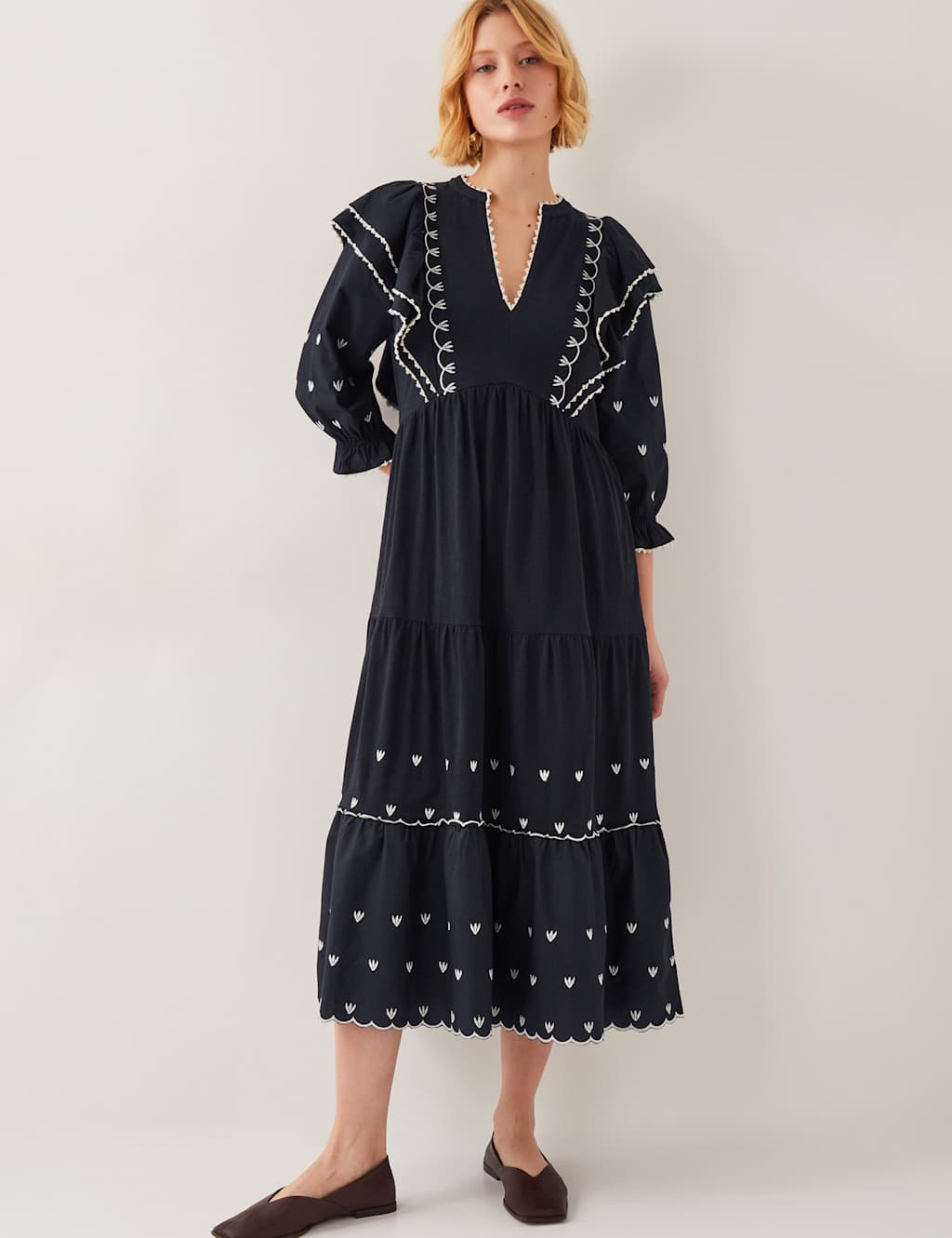 Pure Cotton Embroidered V-Neck Midi Tea Dress