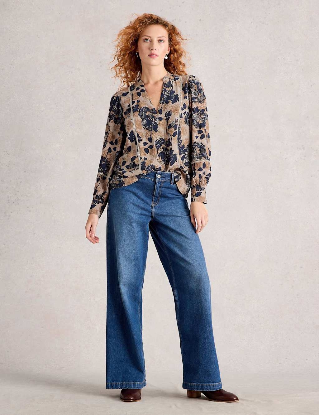 White Stuff Women's Leaf Print Notch Neck Blouson Sleeve Blouse - 12REG - Natural Mix, Natural Mix