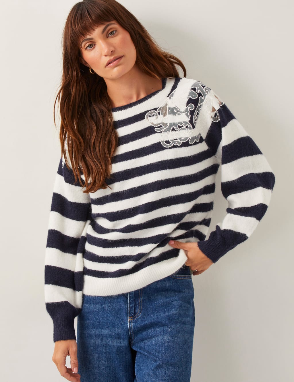 Striped Lace Detail Crew Neck Jumper