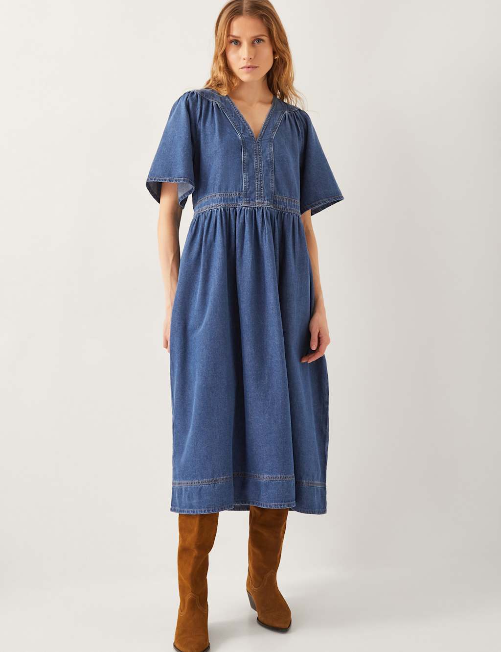 Denim V-Neck Midi Skater Dress