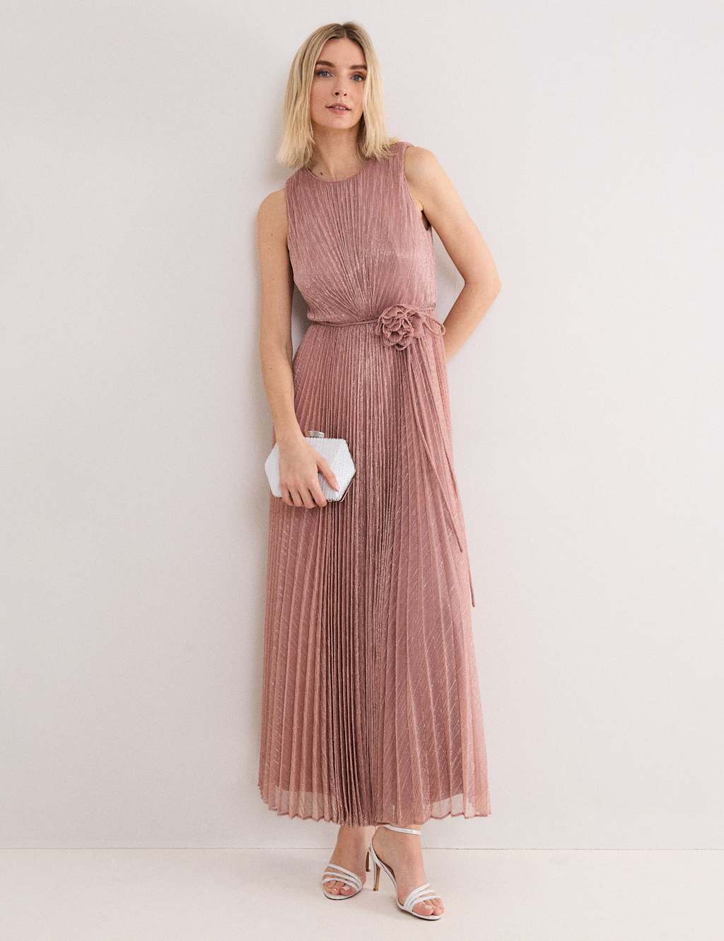 Phase Eight Women's Plisse Metallic Midi Waisted Dress - 16 - Light Pink - Available at M&S