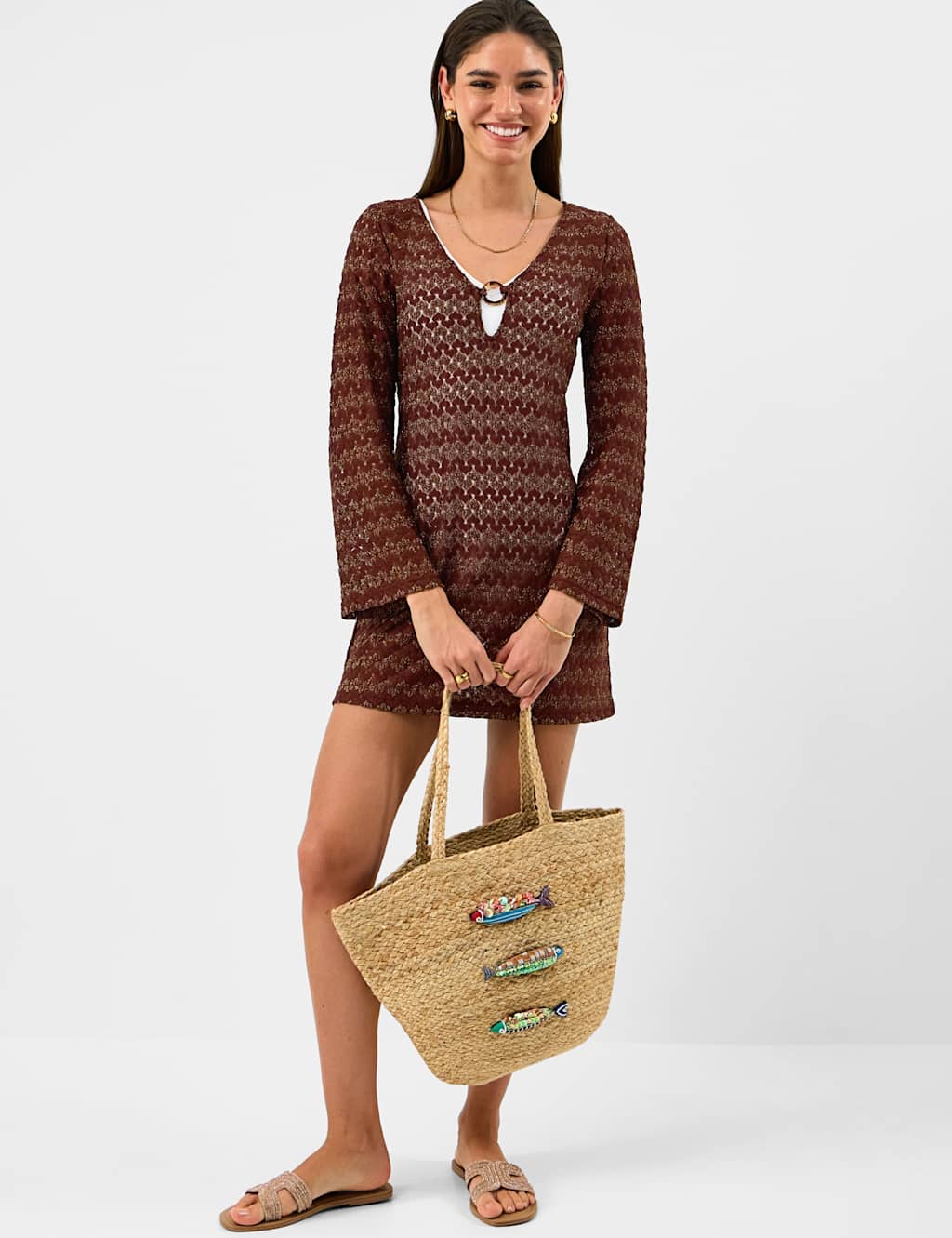 Accessorize Women's Textured V-Neck Ring Front Mini Beach Dress - Medium - Bronze - Available at M&S