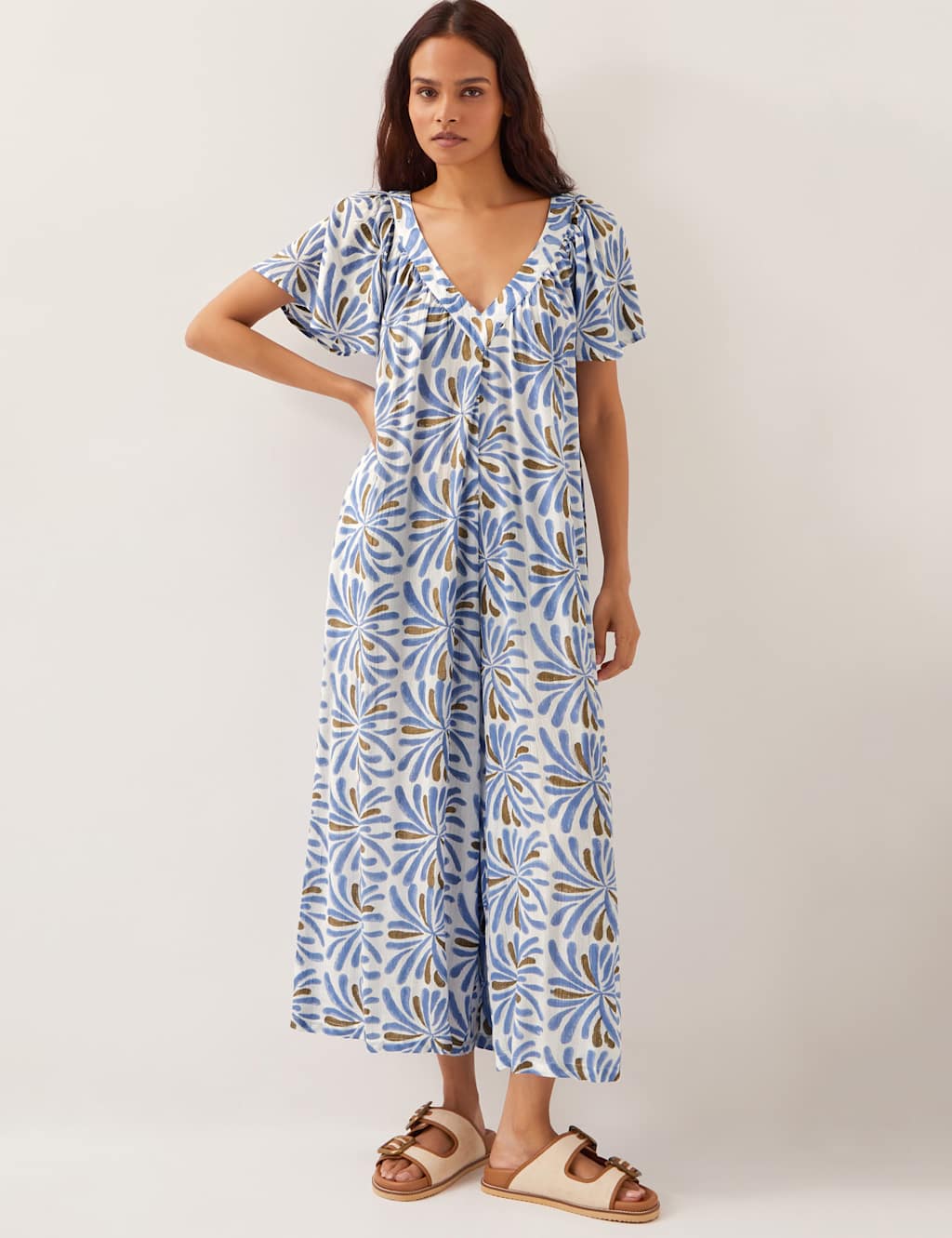 Printed V-Neck Wide Leg Jumpsuit