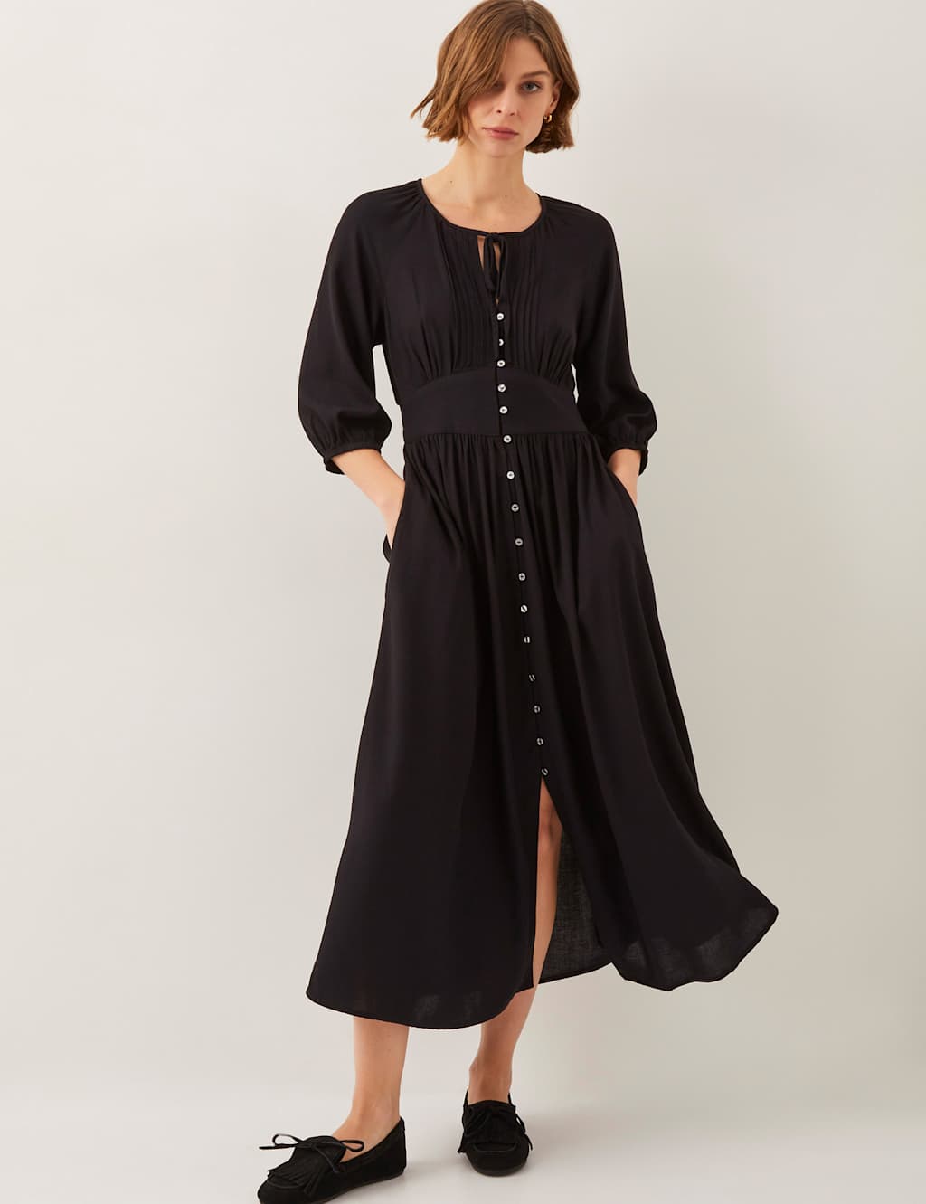 Pintuck Midi Shirt Dress with Linen