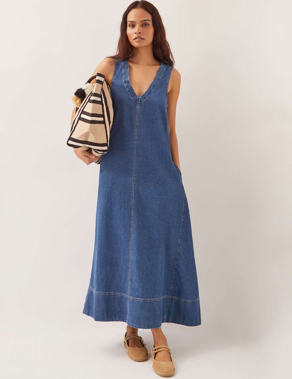 Denim V-Neck Midi Skater Dress
