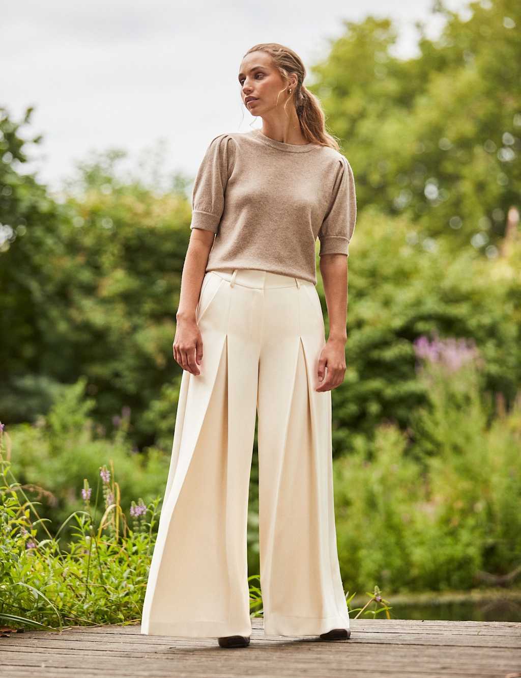 RO&ZO Pleat Front Wide Leg Trousers Cream