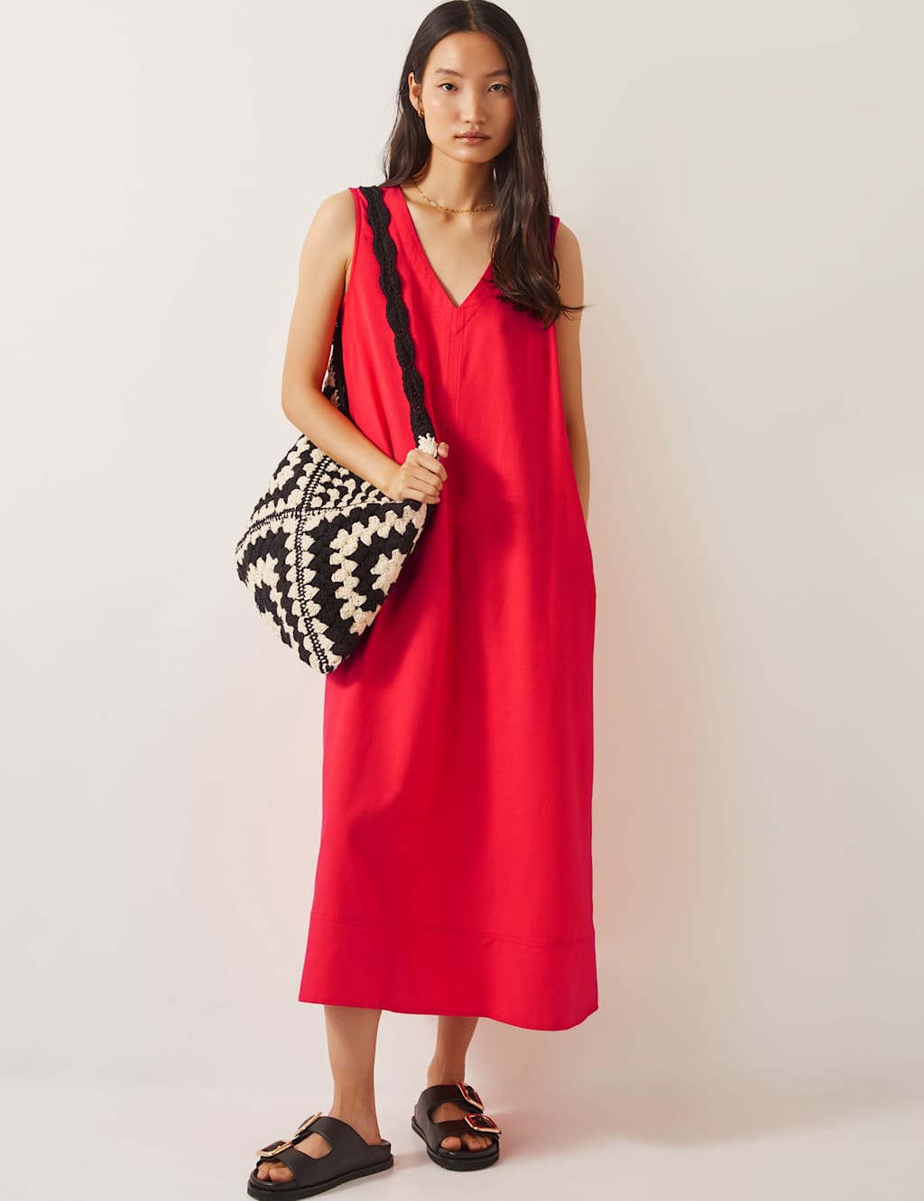 Cotton Rich V-Neck Midi A-Line Shift Dress