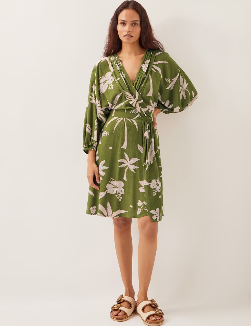 Printed V-Neck Knee Length Waisted Beach Dress