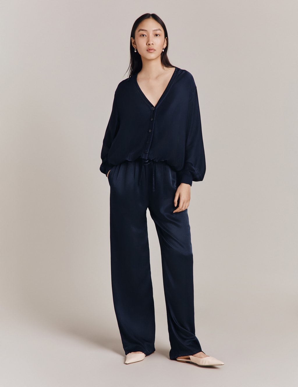 Satin Drawstring Wide Leg Trousers