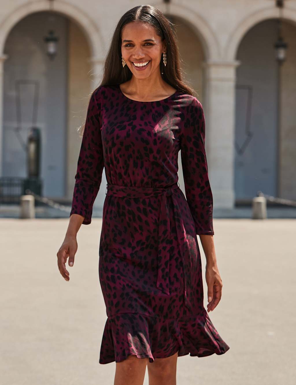 SOSANDAR Animal Print Knee Length Skater Dress Burgundy Mix